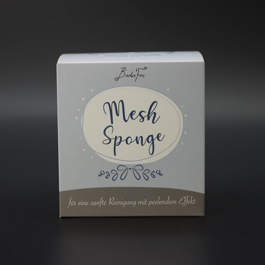Fluffiger Badeschwamm – Blau | Handgenähter Netzschwamm in Geschenkbox (Ø 15 cm)