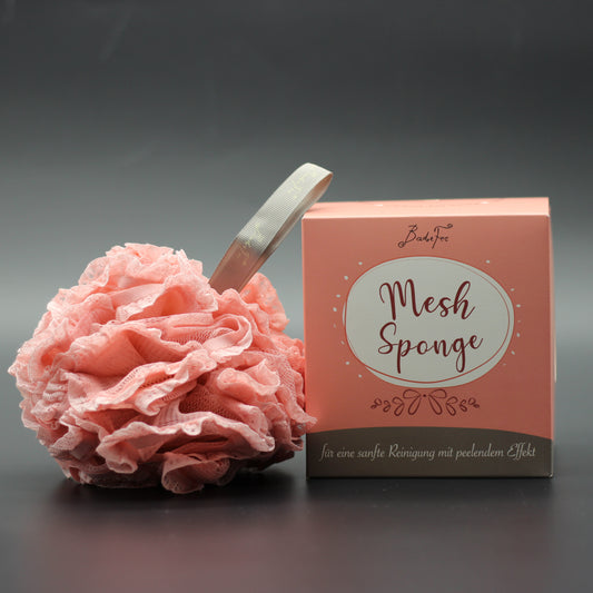 Fluffiger Badeschwamm – Rosa | Handgenähter Netzschwamm in Geschenkbox (Ø 15 cm)