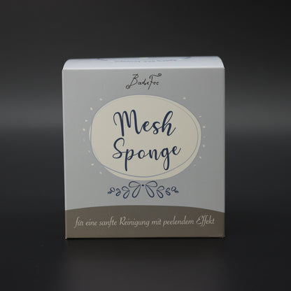 Fluffiger Badeschwamm – Blau | Handgenähter Netzschwamm in Geschenkbox (Ø 15 cm)
