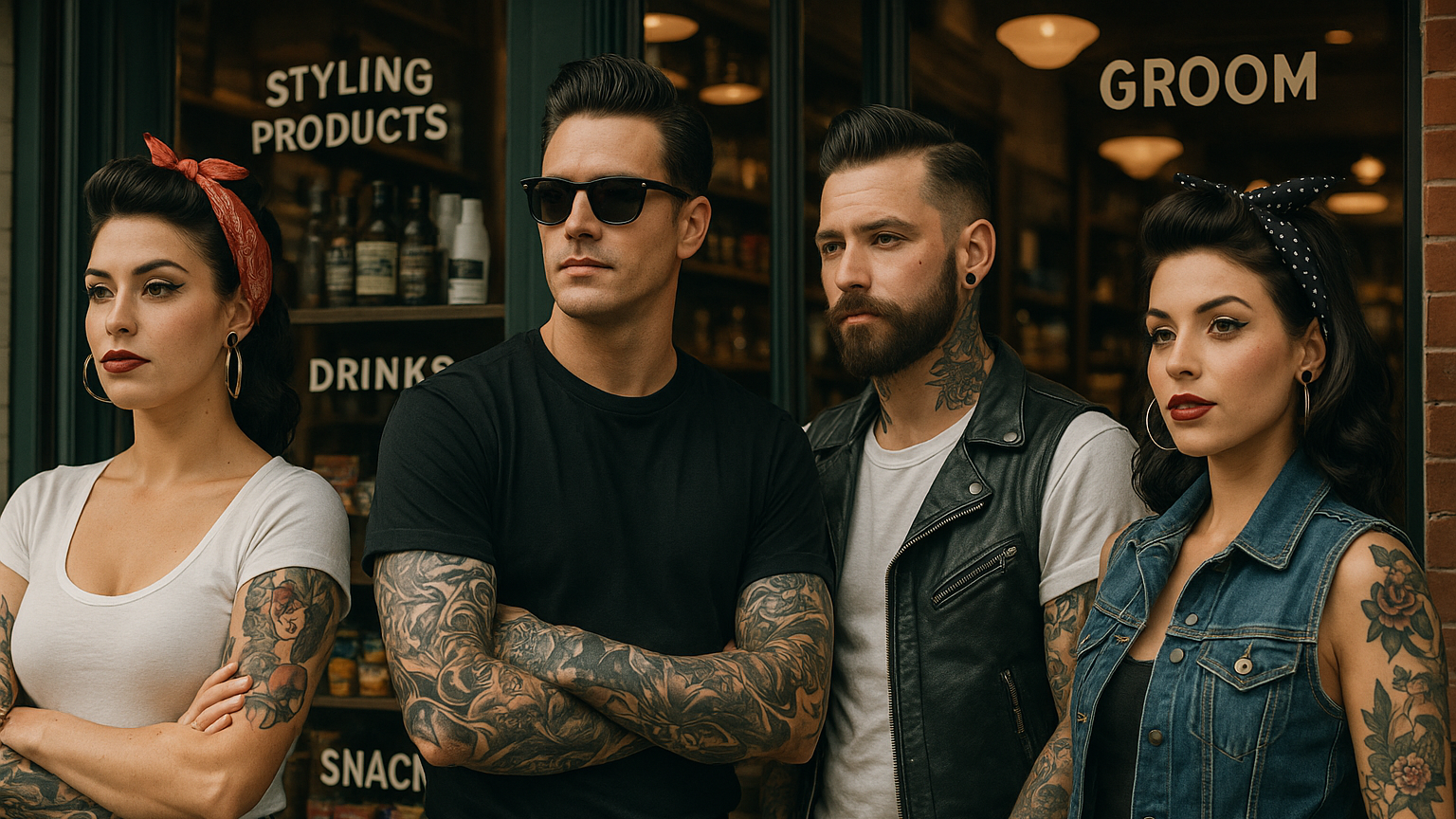 4 Personen im Rockabilly-Stil, stehen vor einem Laden mit Snacks, Drinks und Pflegeprodukten.